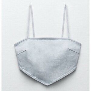 ZARA Womens Light-wash Denim Bandana Cut Zipper Back Crop Top Blouse Sz Large